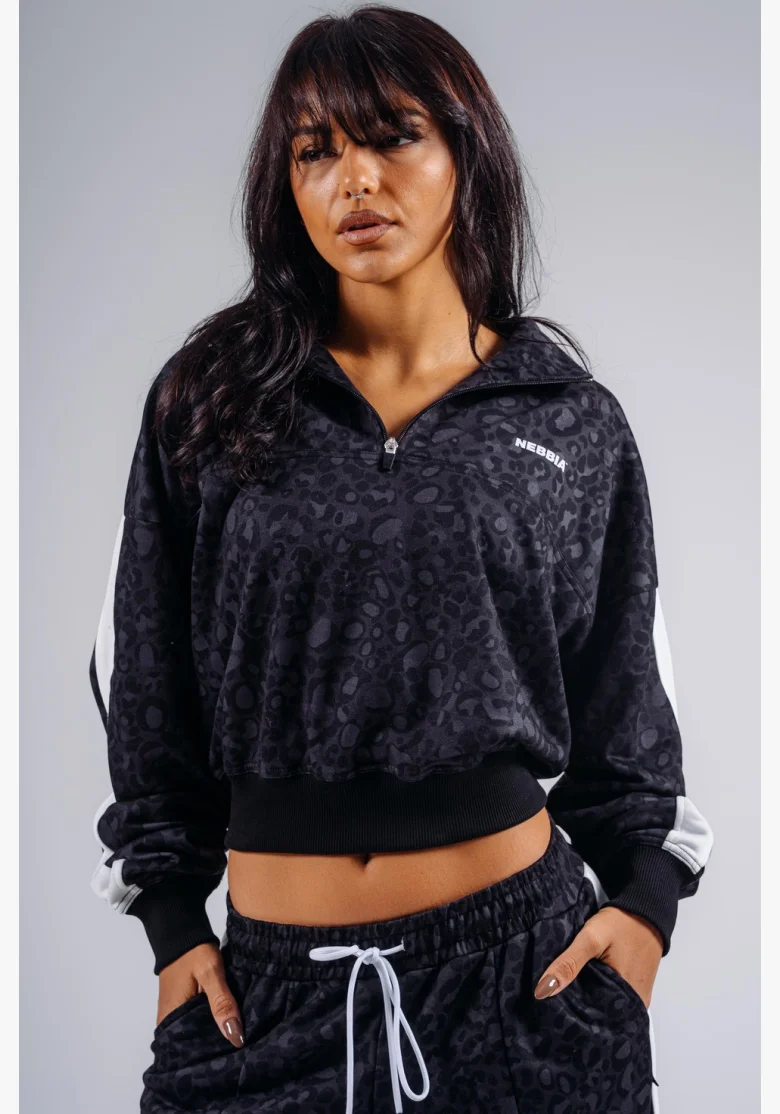 NEBBIA Felpa half-zip con motivo leopardato PRIMAL nera