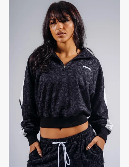 NEBBIA Felpa half-zip con motivo leopardato PRIMAL nera