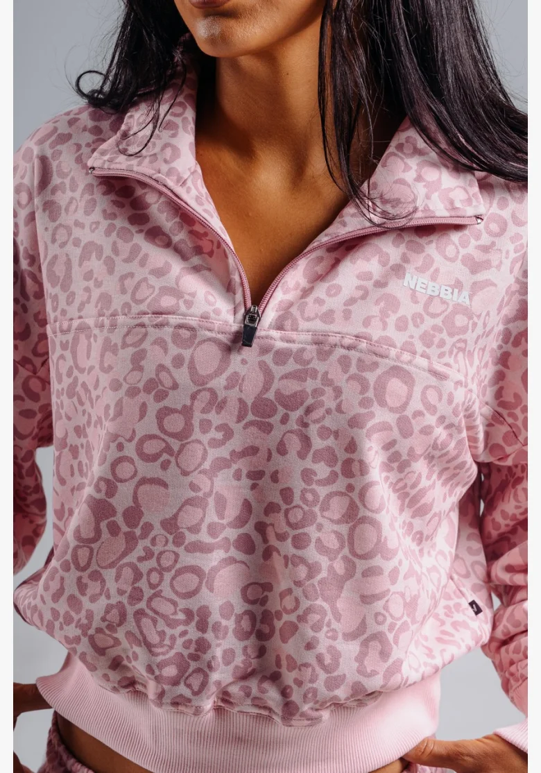 NEBBIA Felpa half-zip con motivo leopardato PRIMAL rosa