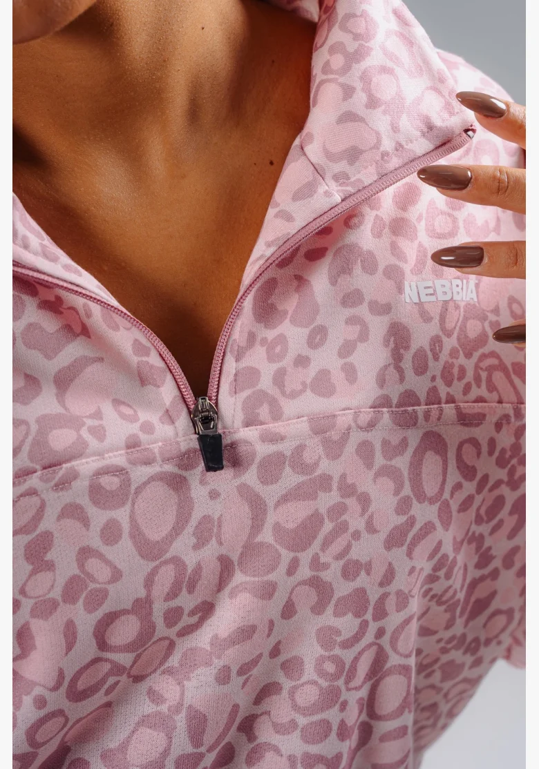 NEBBIA Felpa half-zip con motivo leopardato PRIMAL rosa