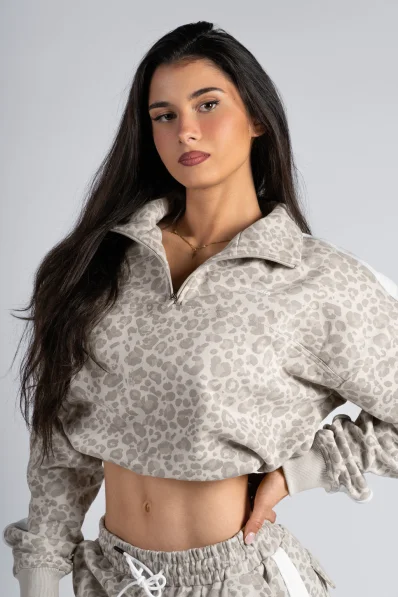 NEBBIA Felpa half-zip con motivo leopardato PRIMAL crema