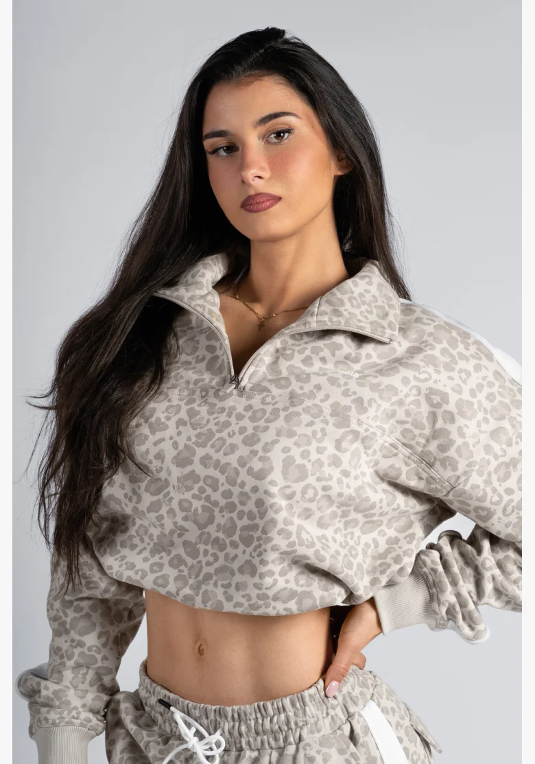 NEBBIA Felpa half-zip con motivo leopardato PRIMAL crema