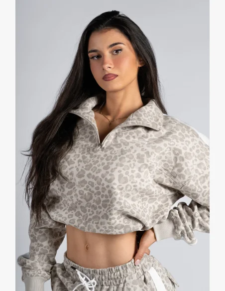 NEBBIA Felpa half-zip con motivo leopardato PRIMAL crema