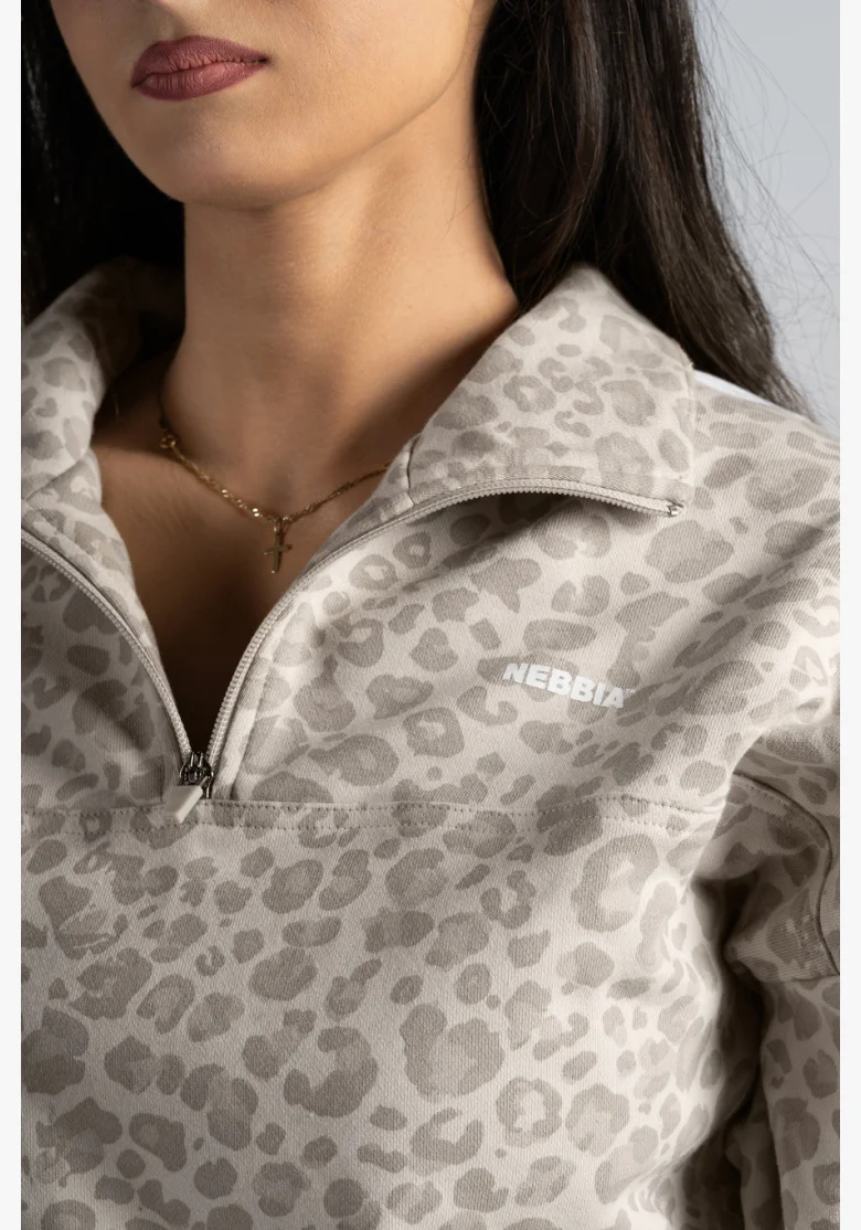 NEBBIA Felpa half-zip con motivo leopardato PRIMAL crema
