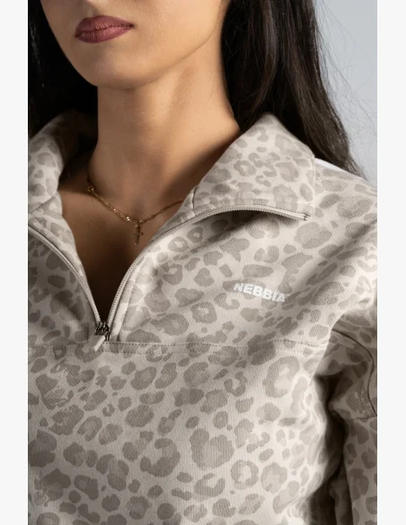 NEBBIA Felpa half-zip con motivo leopardato PRIMAL crema
