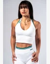 Elegante top a fascia con design senza cuciture, supporto medio, dettagli in verde scuro e un accento dorato per un look sicuro e femminile.