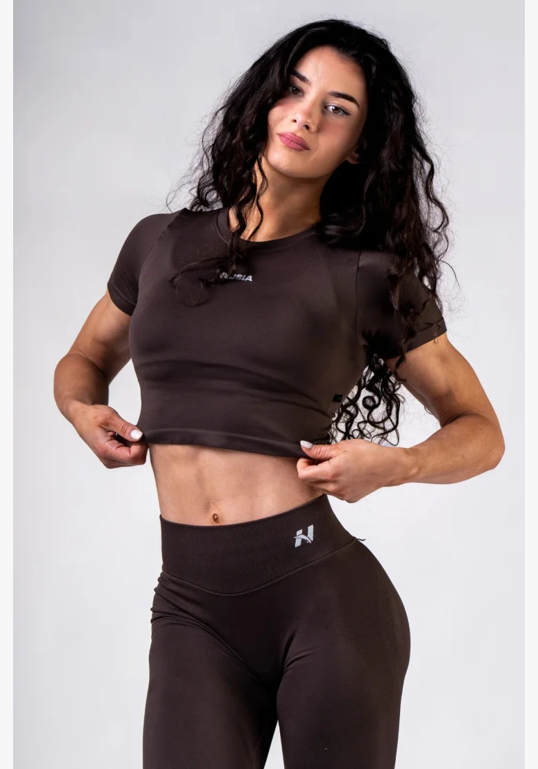 NEBBIA Seamless crop top con maniche corte POWER marrone