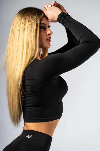 NEBBIA Seamless crop top con manica lunga POWER nero 2
